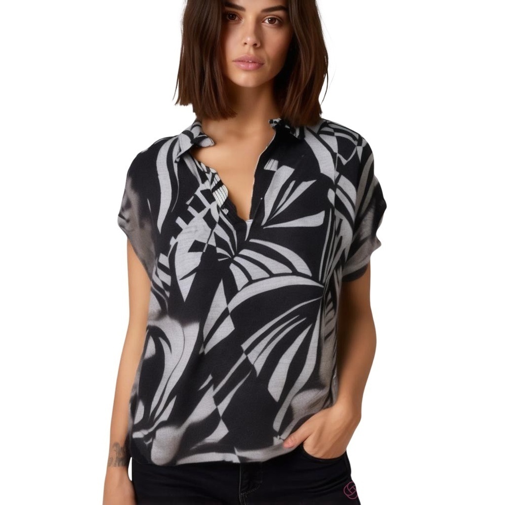 Tahari Black White Pullover Linen Short Sleeve Boxy Blouse Top Size XXL